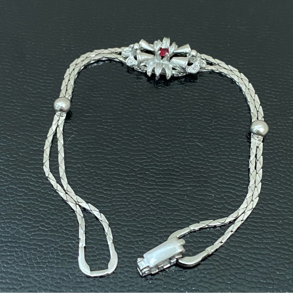 Vintage Silver Ruby Red Floral Bell Center Double Snake Chain 7.5” Bracelet - Picture 8 of 16